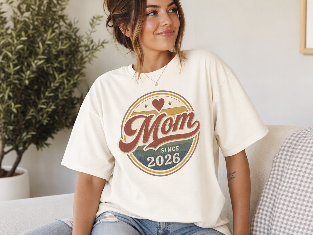 Mom Since 2026 retro vintage badge design on cream colored t-shirt