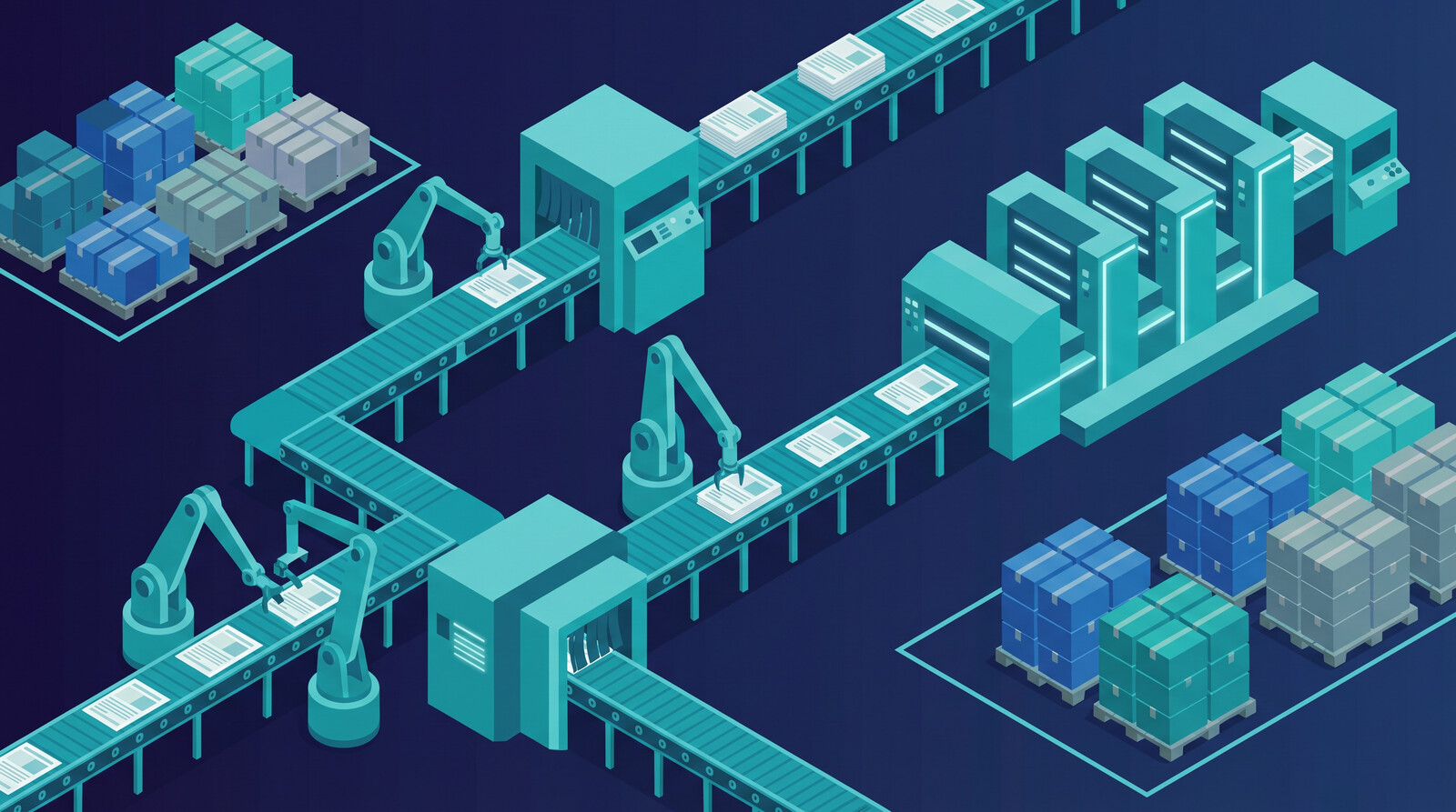 print logistic fulfillment center with automated printing stations and organized shipping zones