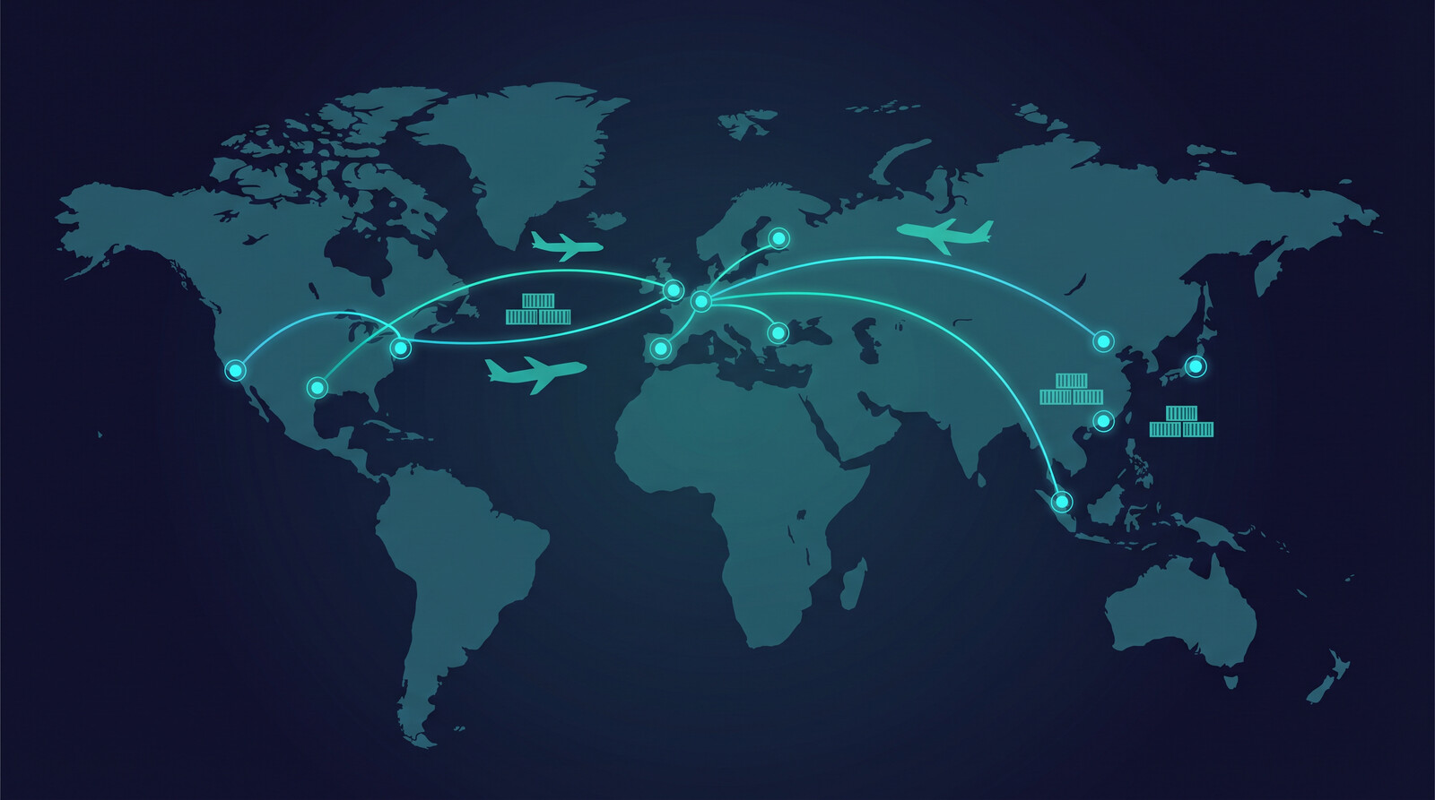 global logistics network with shipping routes connecting Europe and USA distribution hubs