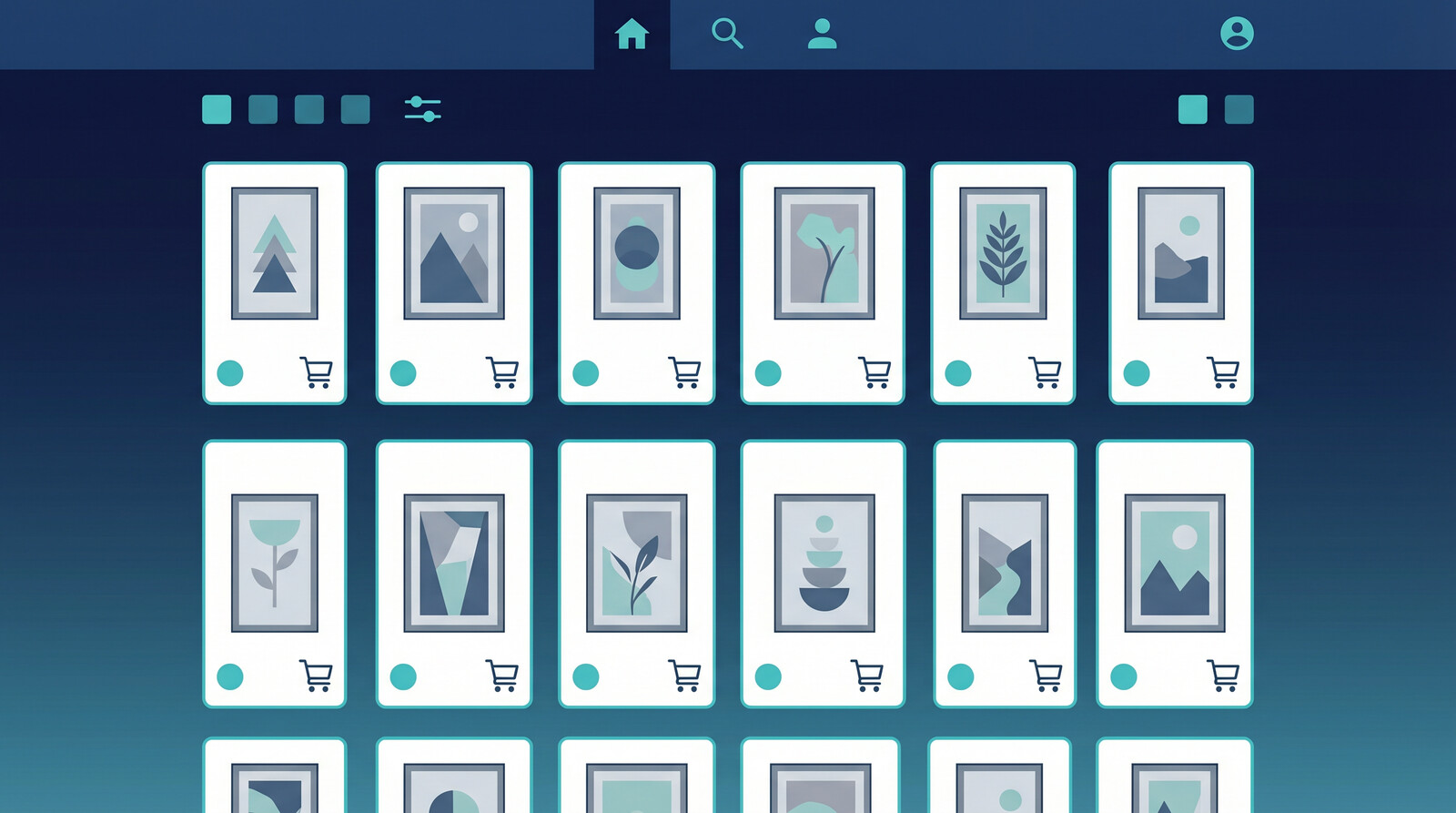 Print on demand wall art ecommerce listing showing product mockups with pricing