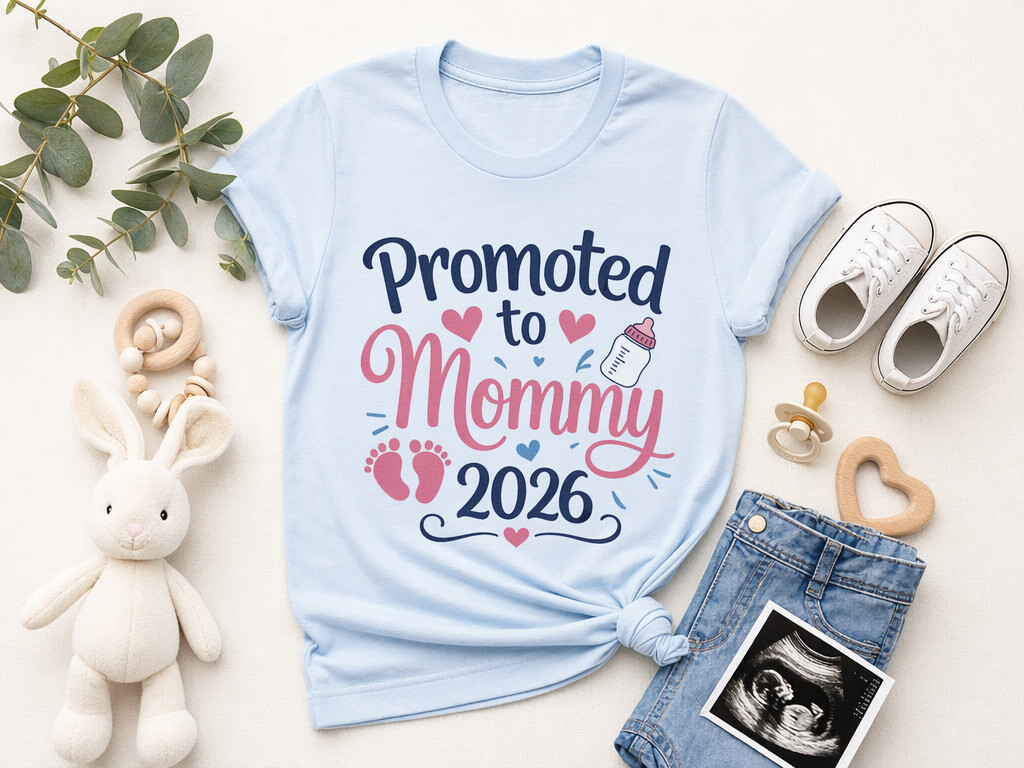 Promoted to Mommy 2026 design with baby icons on light blue t-shirt with baby accessories