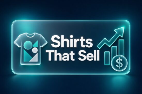 Shirts with prints t-shirt brand thumbnail with Shirts That Sell hook on dark navy glassmorphism background