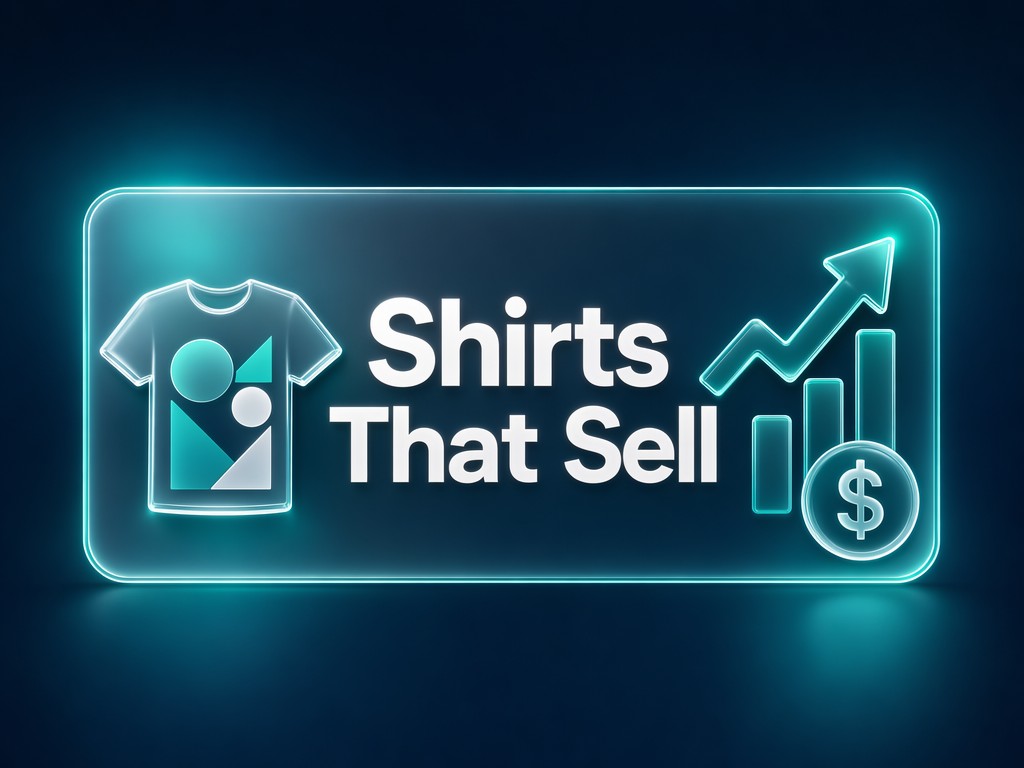 Shirts with prints t-shirt brand thumbnail with Shirts That Sell hook on dark navy glassmorphism background