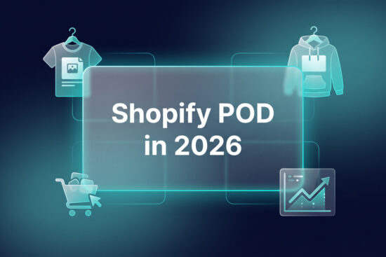 Shopify print on demand 2026 featured image with product mockups and analytics
