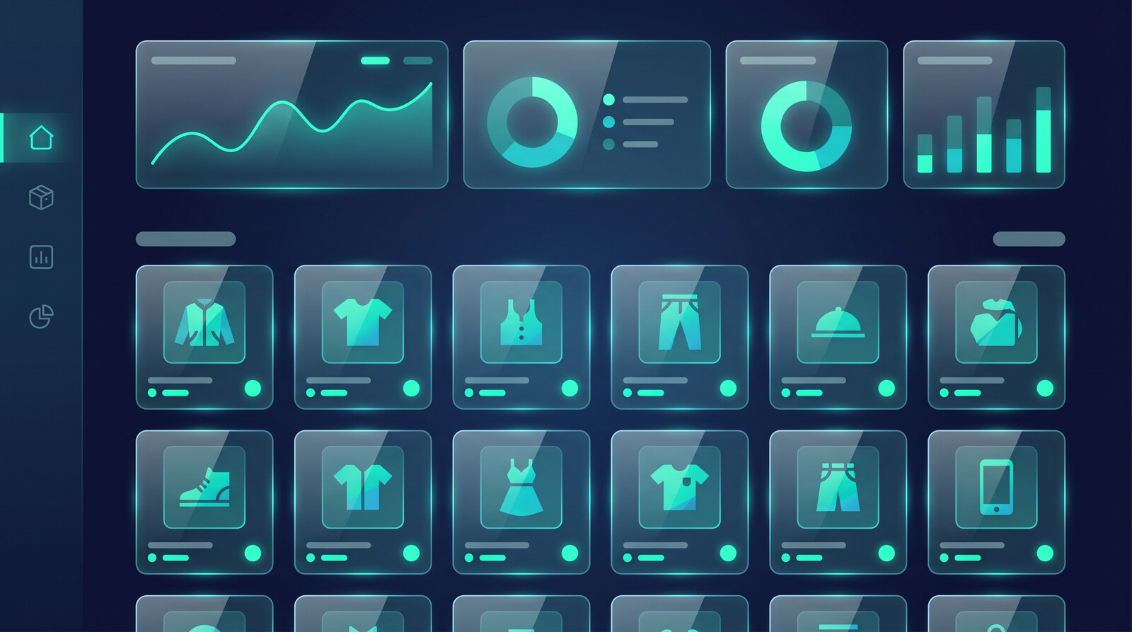 Shopify print on demand store dashboard illustration with product grid and analytics