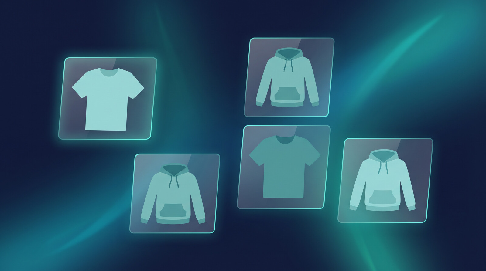 Print on demand Shopify catalog grid with t-shirt mockups in glassmorphism style