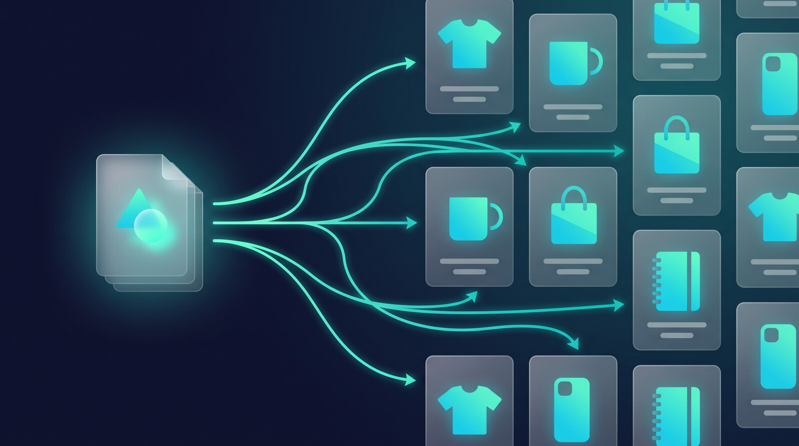 Shopify bulk publish print on demand workflow with connected products and data lines