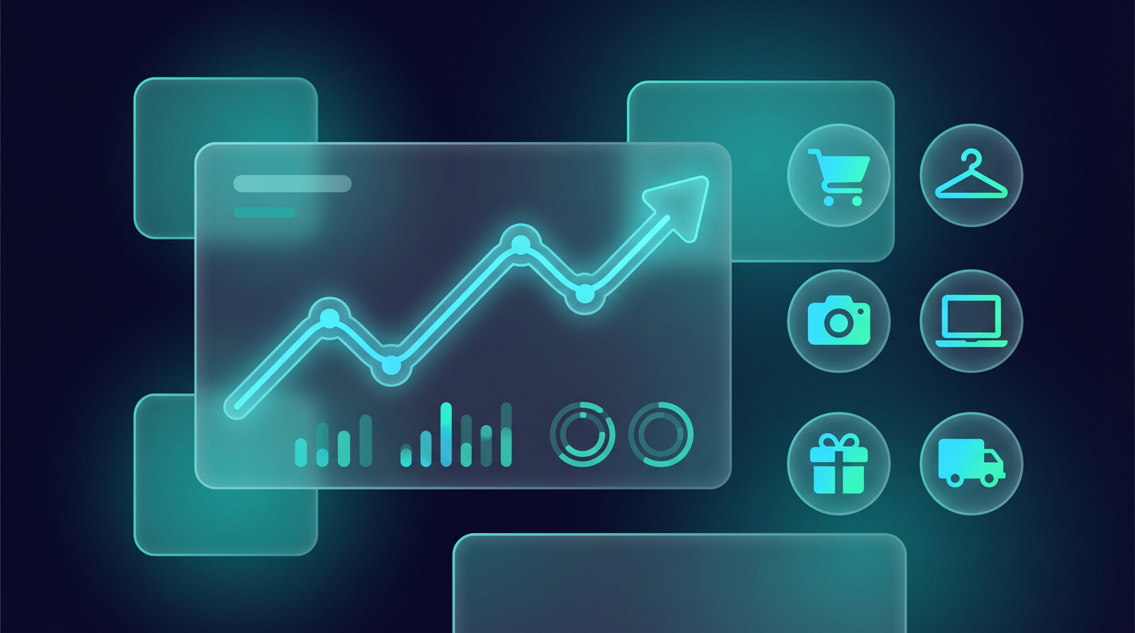 Print on demand shopify analytics dashboard illustration with growth chart and product icons