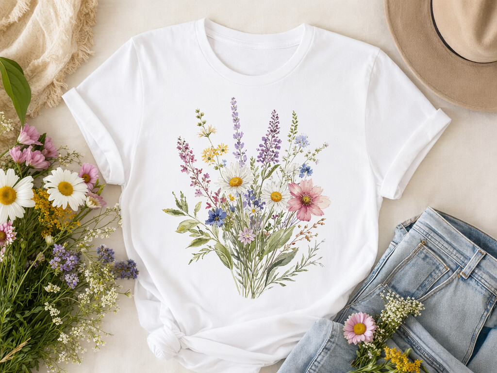 Watercolor wildflower bouquet design on white t-shirt styled with real flowers