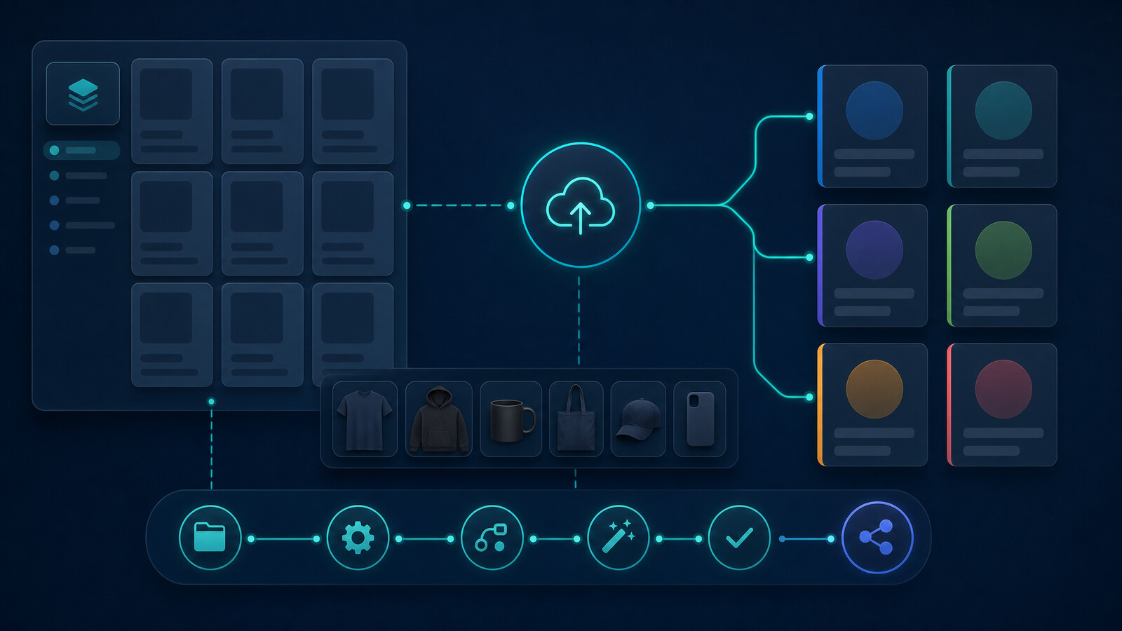 custom merchandise bulk publishing workflow with listing cards and automation nodes