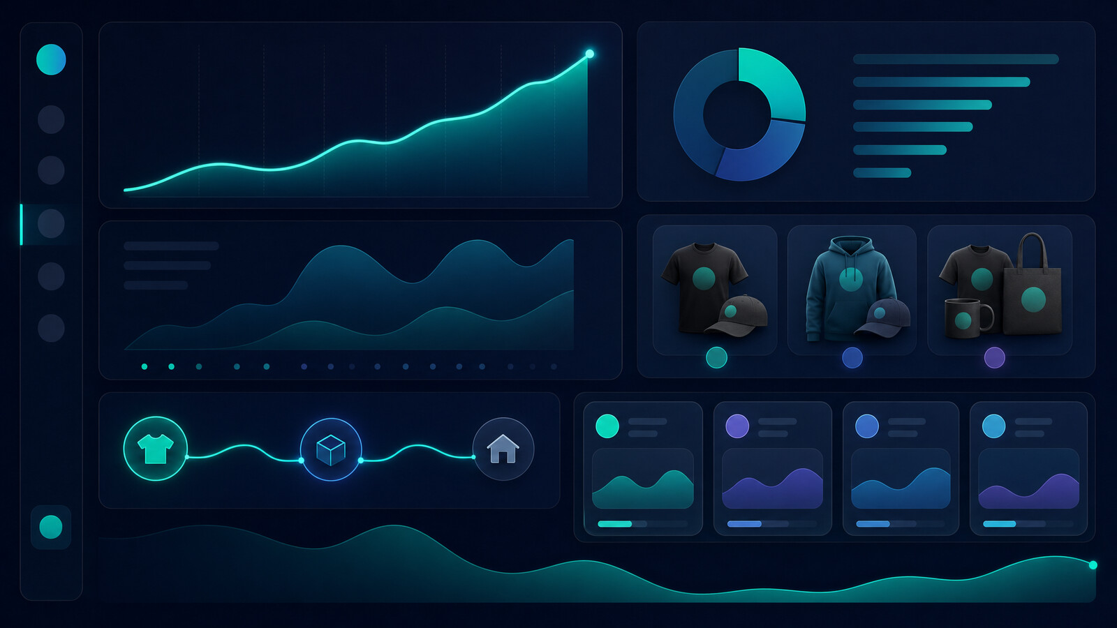 custom merchandise launch dashboard with abstract order cards and growth signals